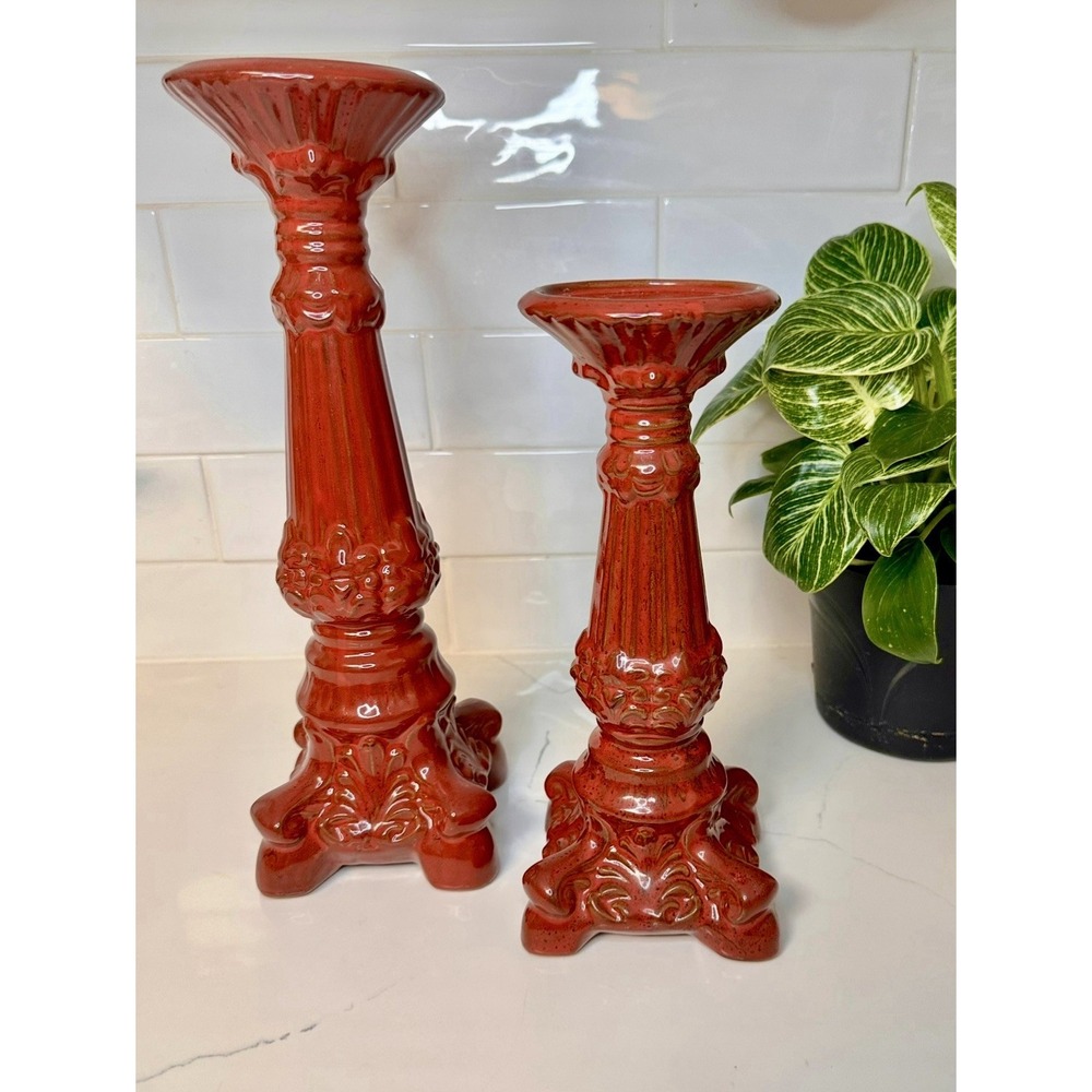 Set of 2 New Red Ceramic Pedestal Pillar Candlestick Holders Tuscan Old World